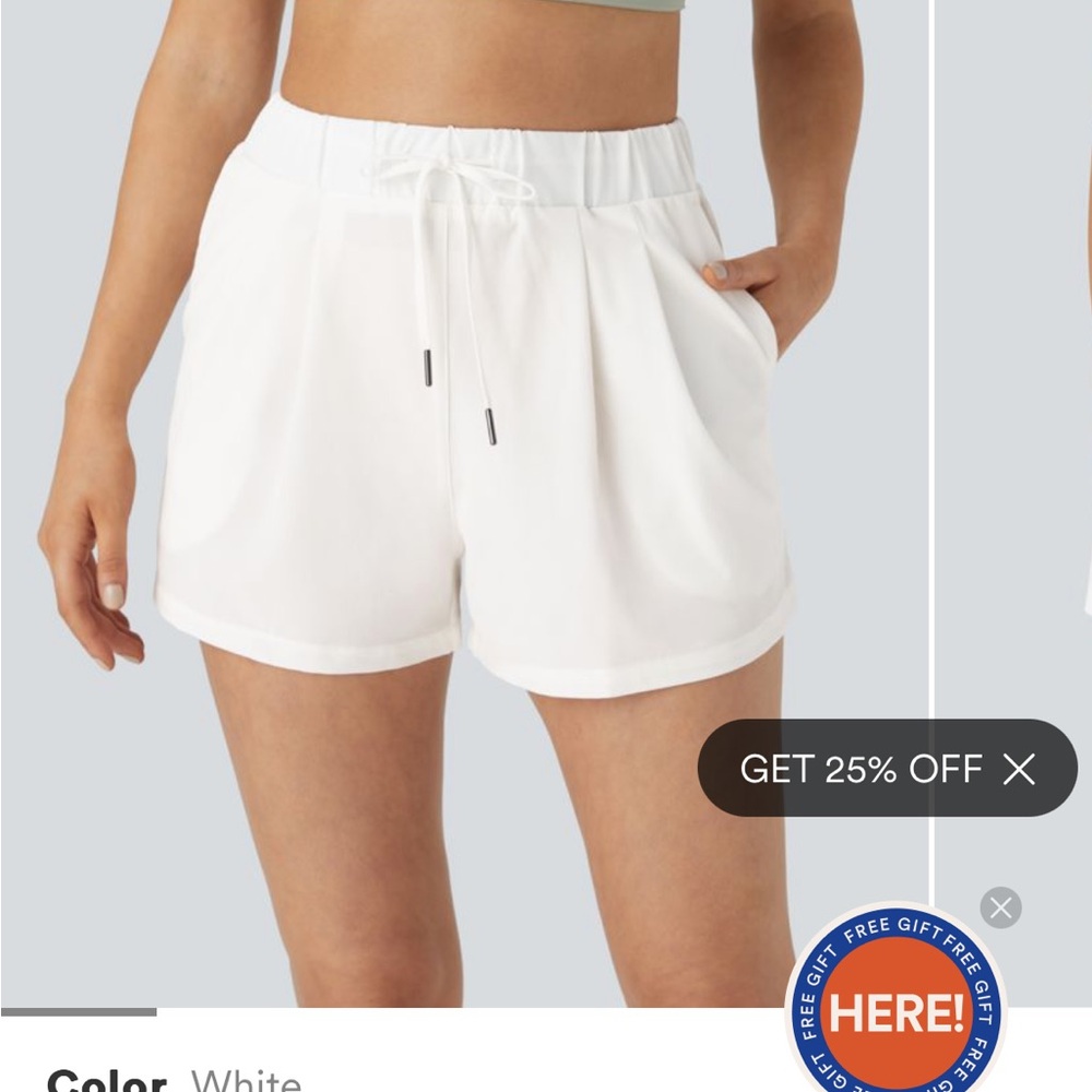 Mid Rise Elastic Waistband Drawstring Ruched Side Pocket Casual Shorts 3". White